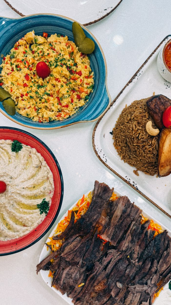 Colorful Middle Eastern dishes including rice, hummus, and grilled meats, perfect for food lovers.